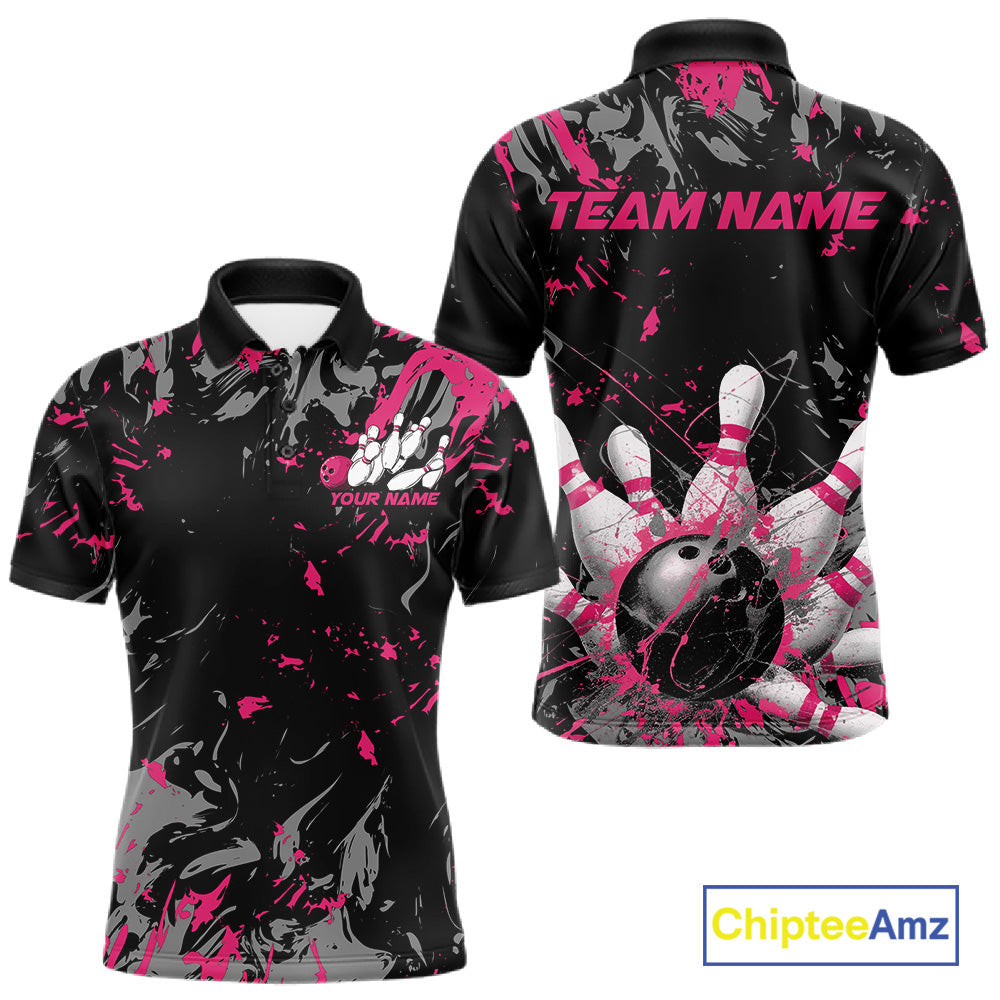 Custom Black And Pink Splatter Camo Bowling Team Polo Shirts For Men IPHW10797