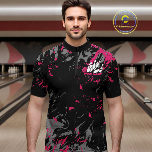 Custom Black And Pink Splatter Camo Bowling Team Quarter-Zip Shirts For Men IPHW10797