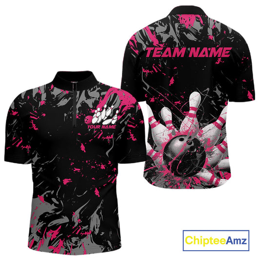 Custom Black And Pink Splatter Camo Bowling Team Quarter-Zip Shirts For Men IPHW10797