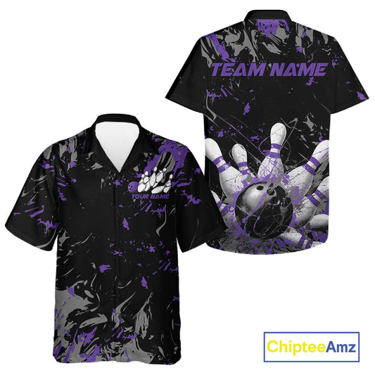 Custom Black And Purple Splatter Camo Bowling Team Hawaiian Shirts For Men And Women IPHW10798