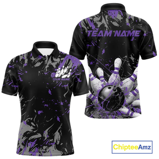 Custom Black And Purple Splatter Camo Bowling Team Polo Shirts For Men IPHW10798