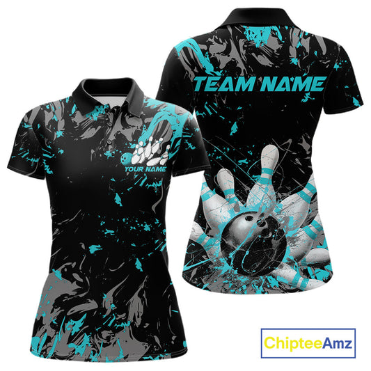 Custom Black And Turquoise Blue Splatter Camo Bowling Team Polo Shirts For Women IPHW10799