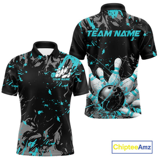Custom Black And Turquoise Blue Splatter Camo Bowling Team Polo Shirts For Men IPHW10799