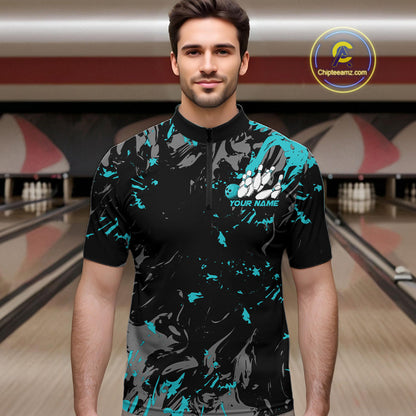 Custom Black And Turquoise Blue Splatter Camo Bowling Team Quarter-Zip Shirts For Men IPHW10799