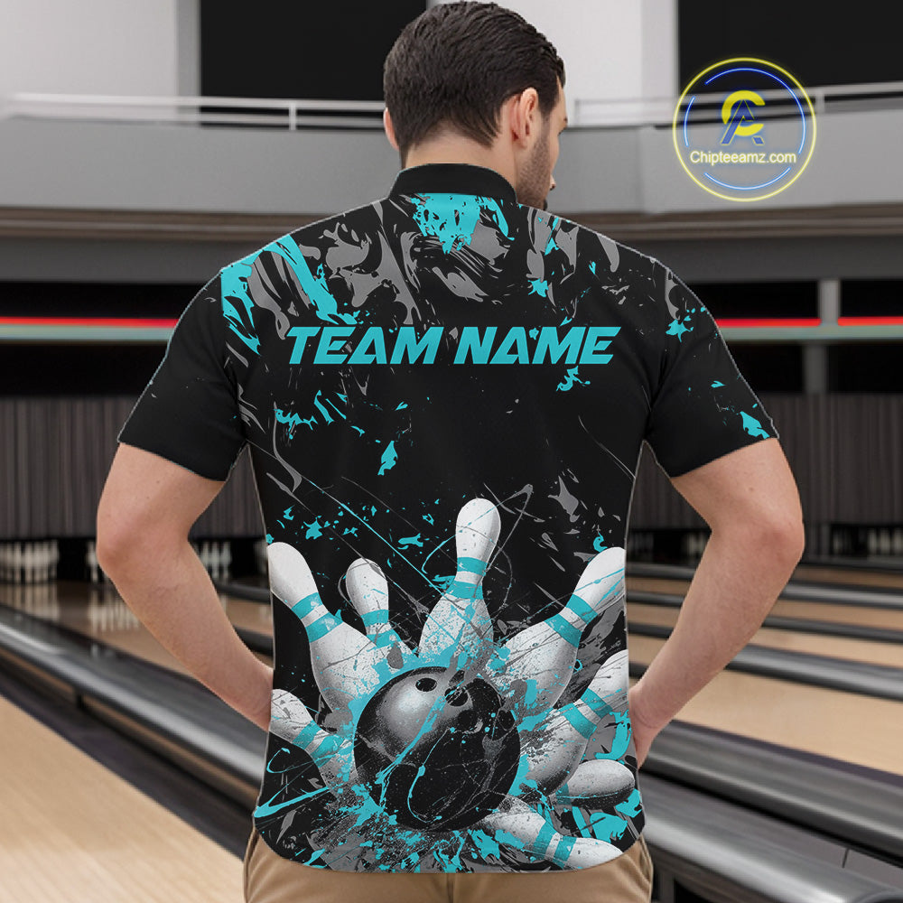 Custom Black And Turquoise Blue Splatter Camo Bowling Team Quarter-Zip Shirts For Men IPHW10799