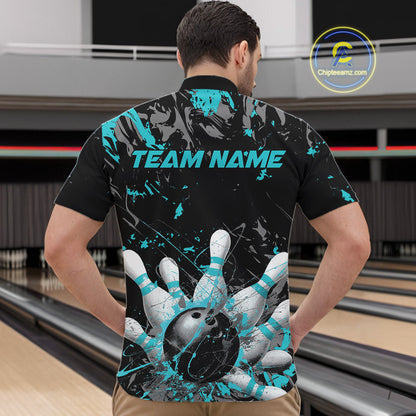 Custom Black And Turquoise Blue Splatter Camo Bowling Team Quarter-Zip Shirts For Men IPHW10799