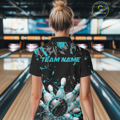 Custom Black And Turquoise Blue Splatter Camo Bowling Team Quarter-Zip Shirts For Women IPHW10799