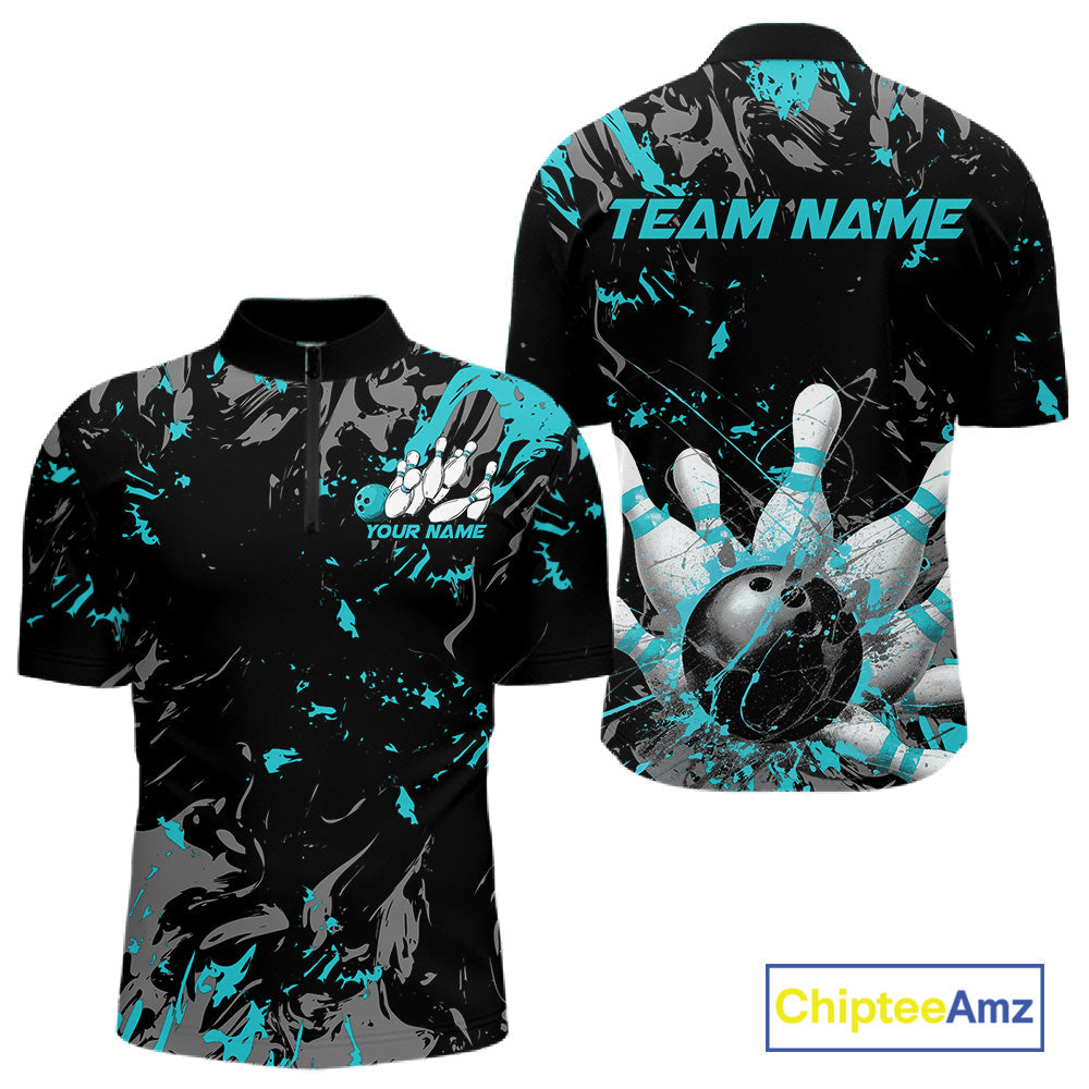 Custom Black And Turquoise Blue Splatter Camo Bowling Team Quarter-Zip Shirts For Men IPHW10799