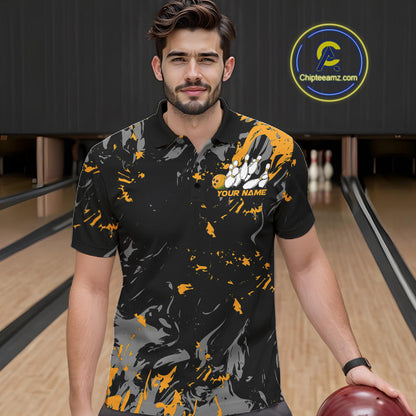 Custom Black And Yellow Splatter Camo Bowling Team Polo Shirts For Men IPHW10800