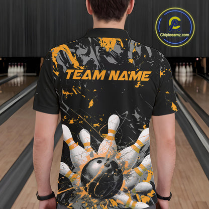 Custom Black And Yellow Splatter Camo Bowling Team Polo Shirts For Men IPHW10800