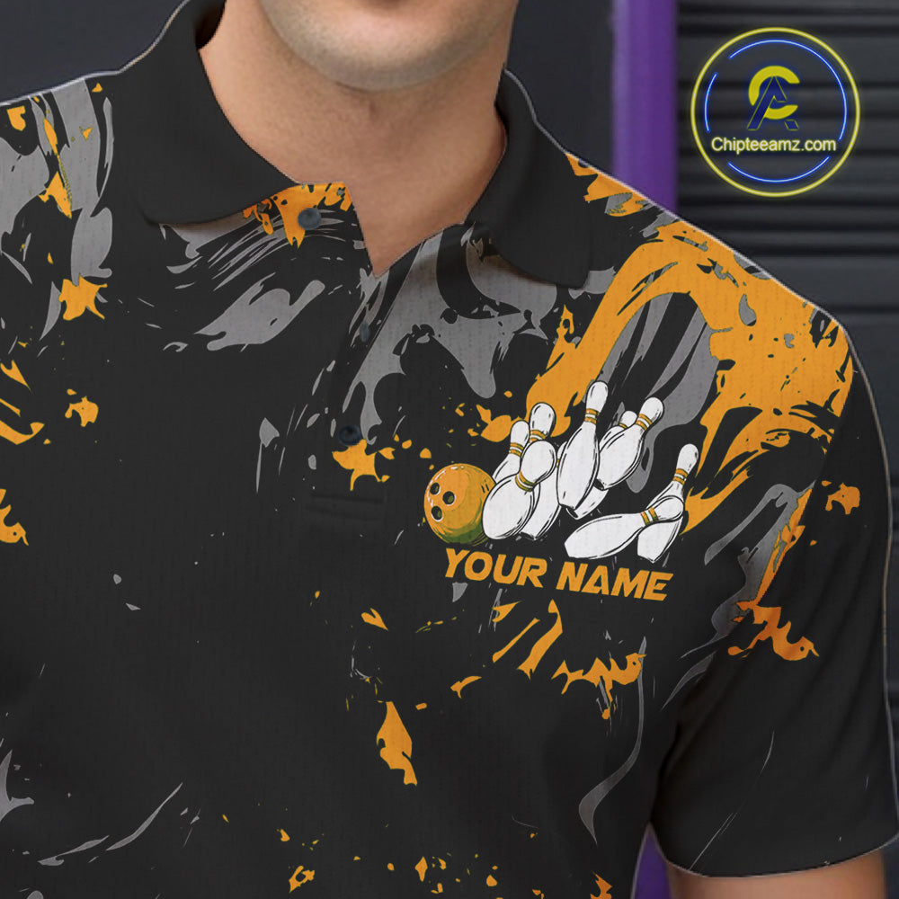 Custom Black And Yellow Splatter Camo Bowling Team Polo Shirts For Men IPHW10800