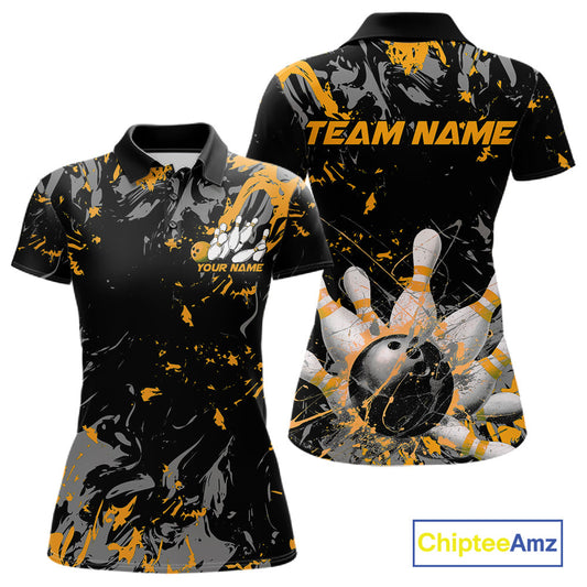 Custom Black And Yellow Splatter Camo Bowling Team Polo Shirts For Women IPHW10800