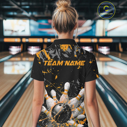 Custom Black And Yellow Splatter Camo Bowling Team Quarter-Zip Shirts For Women IPHW10800