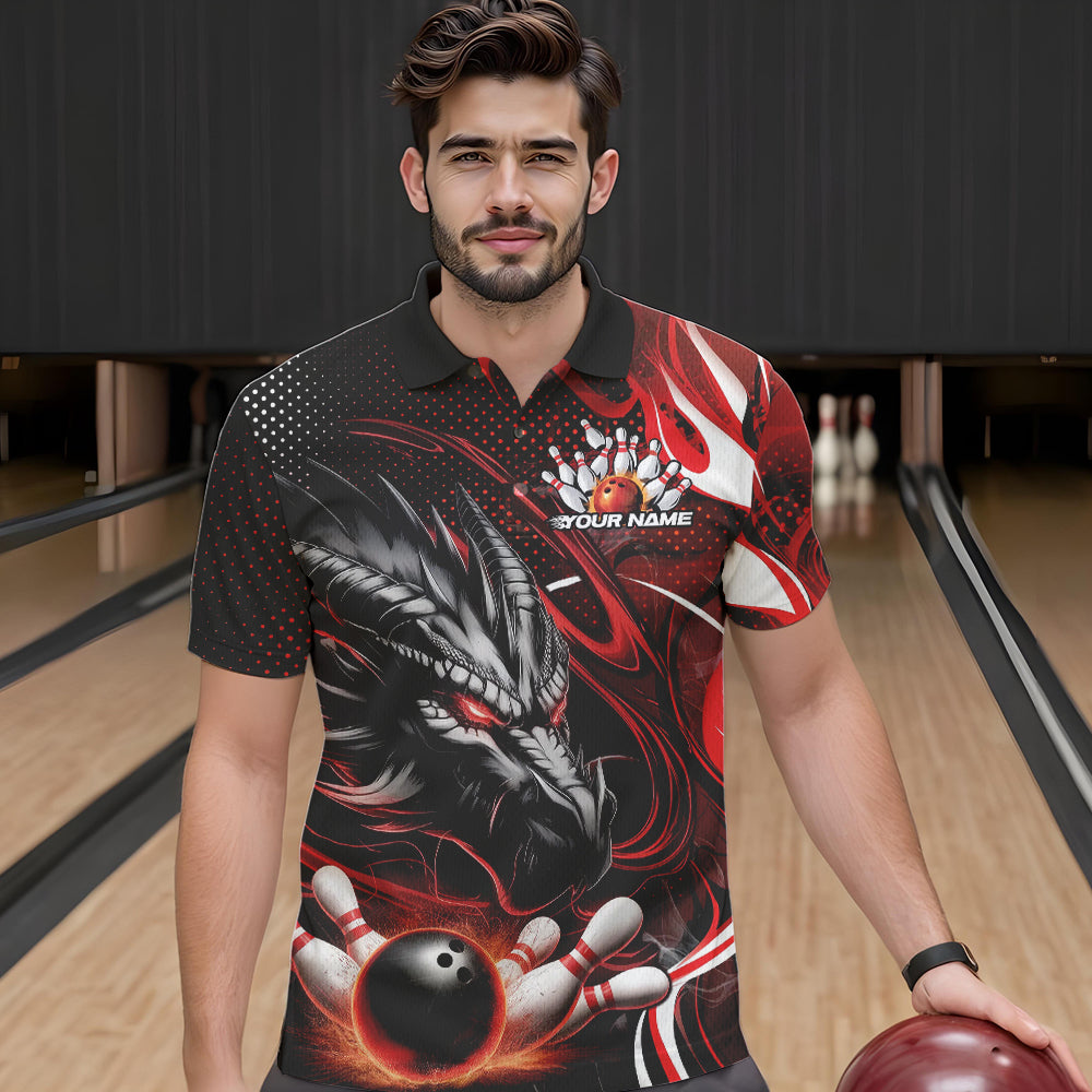 Custom Black And Red Flame Dragon Bowling Jerseys, Dragon Bowling Team Men Polo Shirts IPHW8919