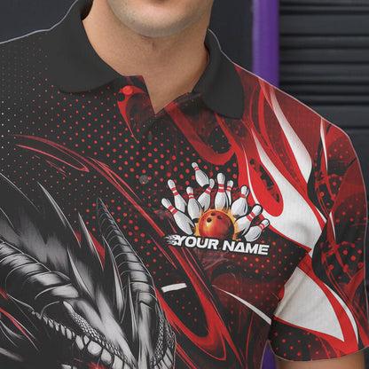 Custom Black And Red Flame Dragon Bowling Jerseys, Dragon Bowling Team Men Polo Shirts IPHW8919