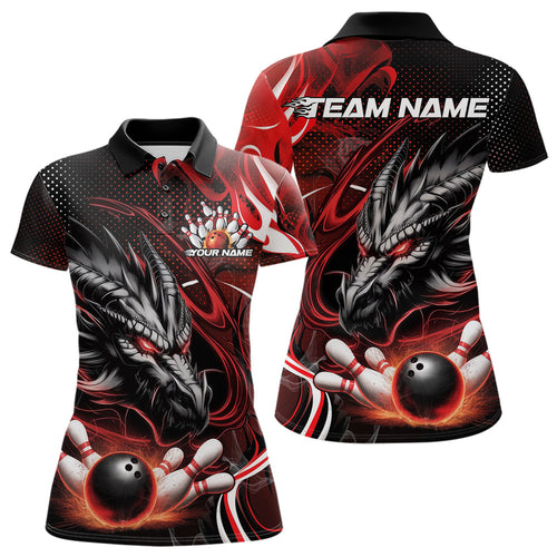 Custom Black And Red Flame Dragon Bowling Jerseys, Dragon Bowling Team Women Polo Shirts IPHW8919