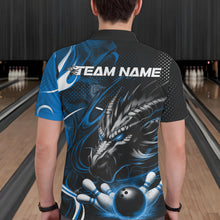 Load image into Gallery viewer, Custom Black And Blue Flame Dragon Bowling Jerseys, Dragon Bowling Team Men Polo Shirts IPHW8920