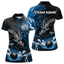 Load image into Gallery viewer, Custom Black And Blue Flame Dragon Bowling Jerseys, Dragon Bowling Team Women Polo Shirts IPHW8920