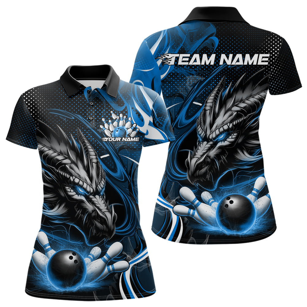 Custom Black And Blue Flame Dragon Bowling Jerseys, Dragon Bowling Team Women Polo Shirts IPHW8920