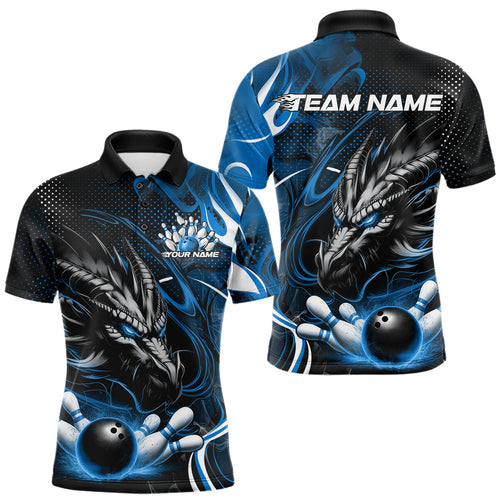 Custom Black And Blue Flame Dragon Bowling Jerseys, Dragon Bowling Team Men Polo Shirts IPHW8920