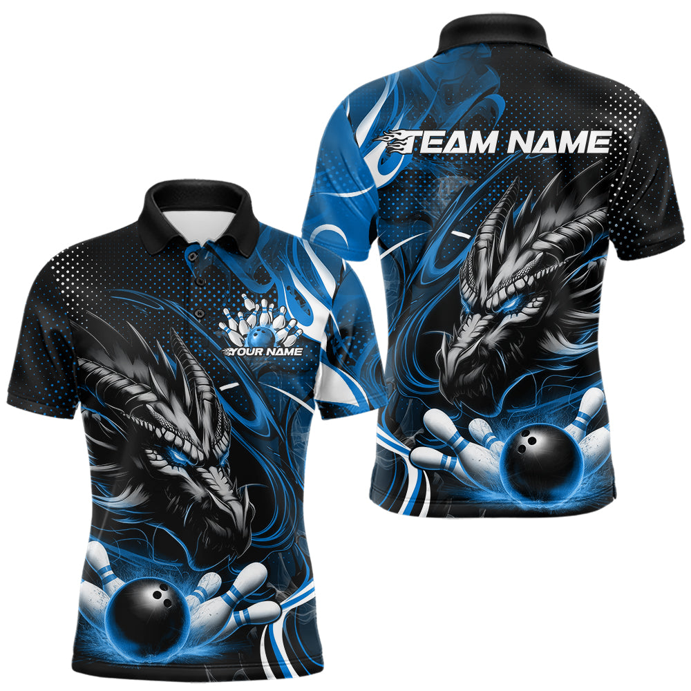 Custom Black And Blue Flame Dragon Bowling Jerseys, Dragon Bowling Team Men Polo Shirts IPHW8920