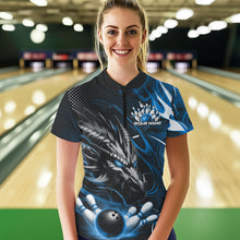 Load image into Gallery viewer, Custom Black And Blue Flame Dragon Bowling Jerseys, Dragon Bowling Women Quarter-Zip Shirts IPHW8920