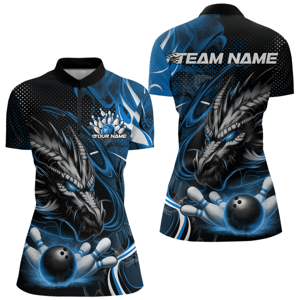 Custom Black And Blue Flame Dragon Bowling Jerseys, Dragon Bowling Women Quarter-Zip Shirts IPHW8920