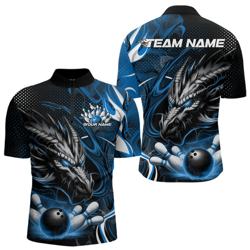 Custom Black And Blue Flame Dragon Bowling Jerseys, Dragon Bowling Team Men Quarter-Zip Shirts IPHW8920