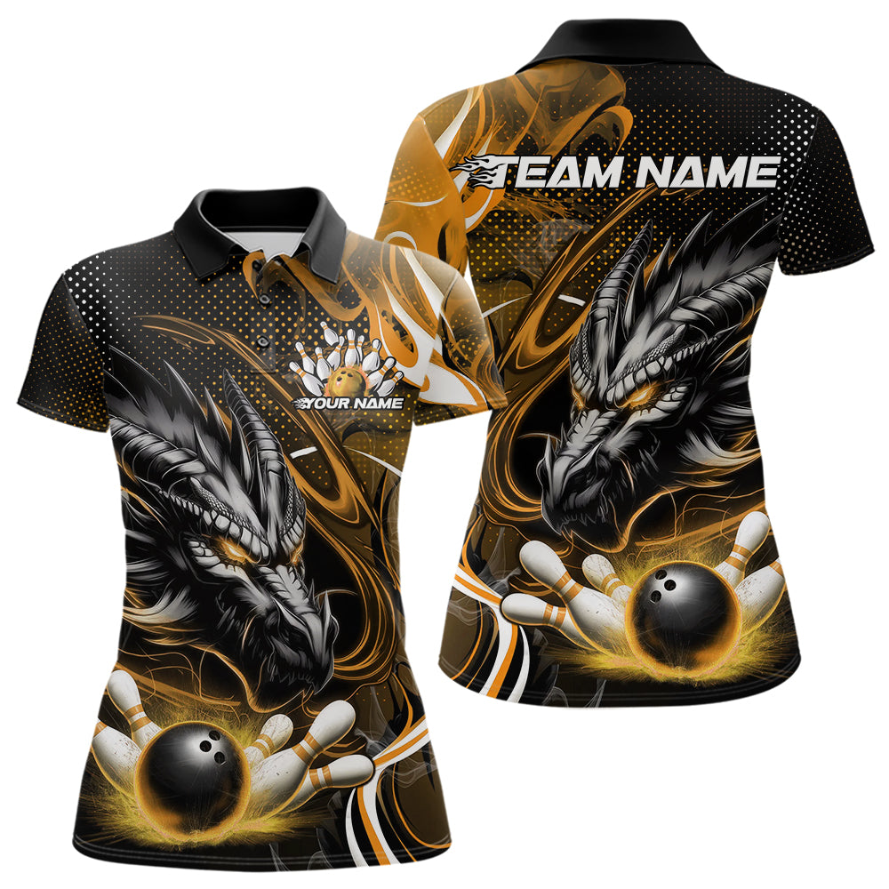 Custom Black And Yellow Flame Dragon Bowling Jerseys, Dragon Bowling Team Women Polo Shirts IPHW8921