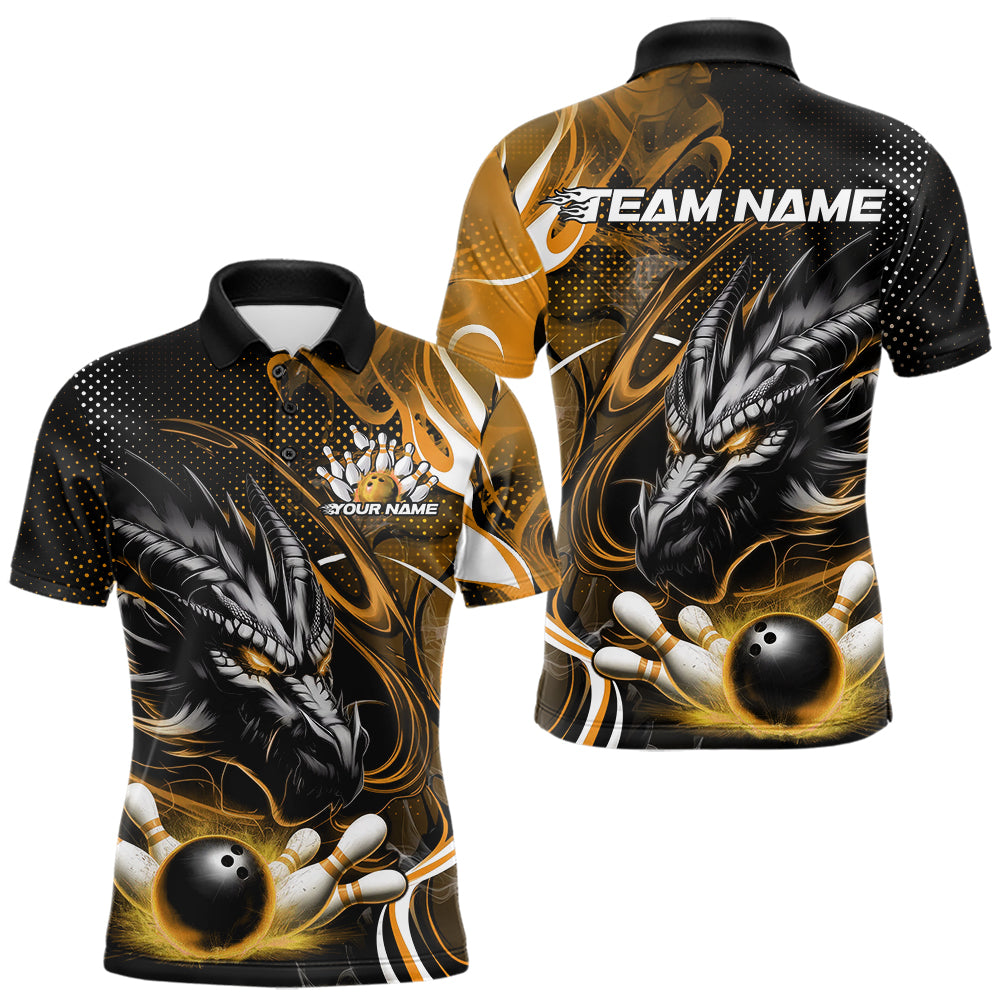 Custom Black And Yellow Flame Dragon Bowling Jerseys, Dragon Bowling Team Men Polo Shirts IPHW8921