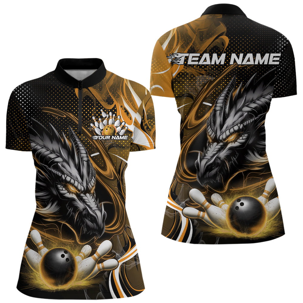Custom Black And Yellow Flame Dragon Bowling Jersey, Dragon Bowling Women Quarter-Zip Shirt IPHW8921