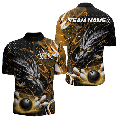 Custom Black And Yellow Flame Dragon Bowling Jerseys, Dragon Bowling Team Men Quarter-Zip Shirts IPHW8921