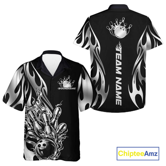 Front and back view of a black button-up bowling shirt mockup showcasing silver metal tribal flame bowling ball and pins design with sleek sporty aesthetics.