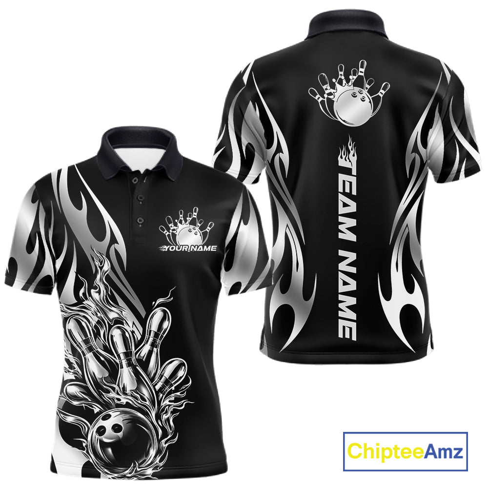 Front and back view mockup of a men’s black polo shirt featuring a silver metal tribal flame bowling ball striking pins in a clean, modern sports apparel style.