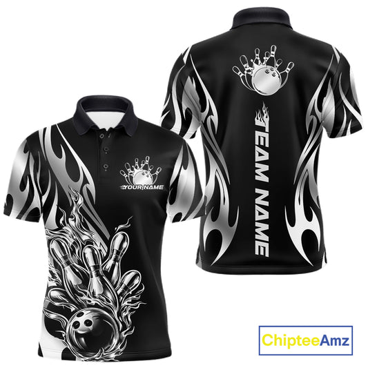 Front and back view mockup of a men’s black polo shirt featuring a silver metal tribal flame bowling ball striking pins in a clean, modern sports apparel style.