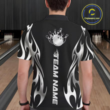 Load image into Gallery viewer, Custom Black And Silver Tribal Flame Men Bowling Polo Shirt, Bowling Tournament Shirt IPHW11285