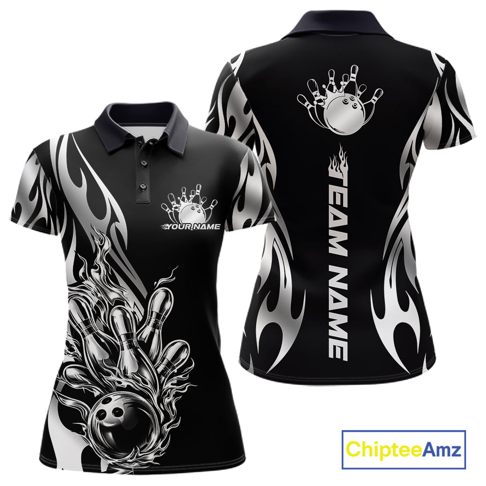 Front and back view mockup of a women’s black polo shirt featuring a silver metal tribal flame design with a bowling ball striking pins in a clean, modern style.