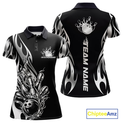 Front and back view mockup of a women’s black polo shirt featuring a silver metal tribal flame design with a bowling ball striking pins in a clean, modern style.