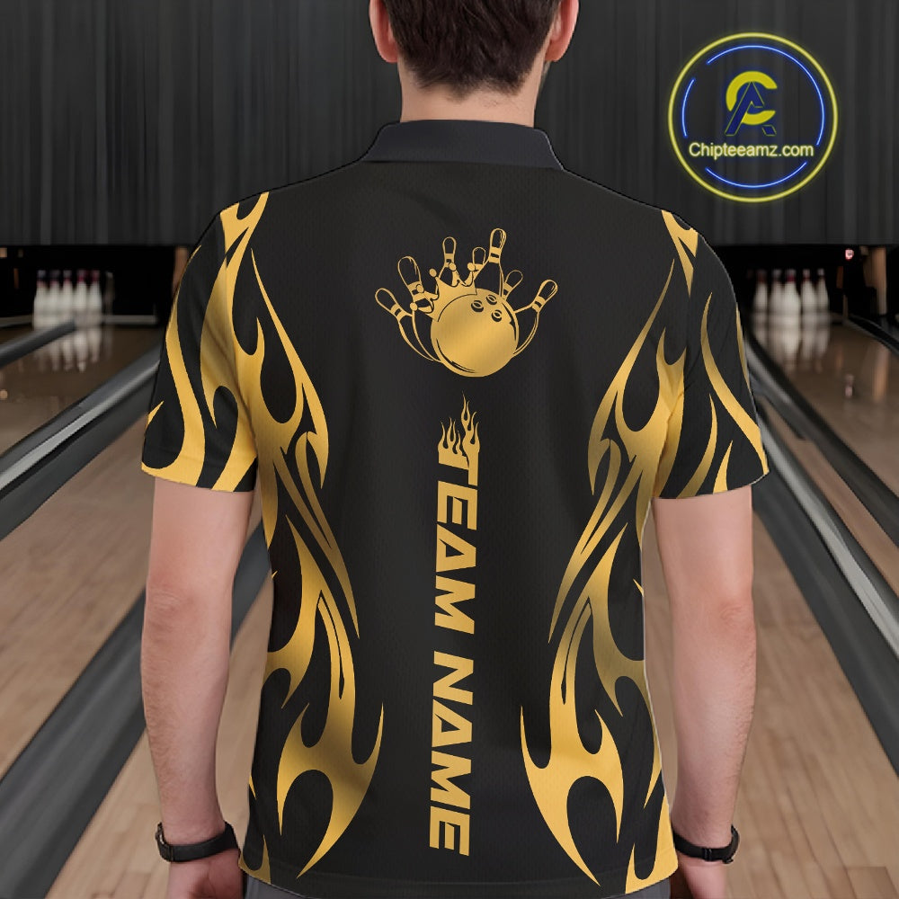 Male model seen from the back in a bowling lane wearing a black polo shirt featuring a golden metal tribal flame bowling ball striking pins in a powerful sports illustration.