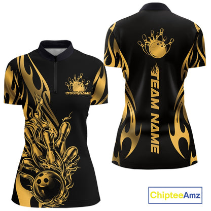 Womens quarter zip bowling shirt mockup, black shirt featuring golden metal tribal flame bowling ball striking pins bold artwork