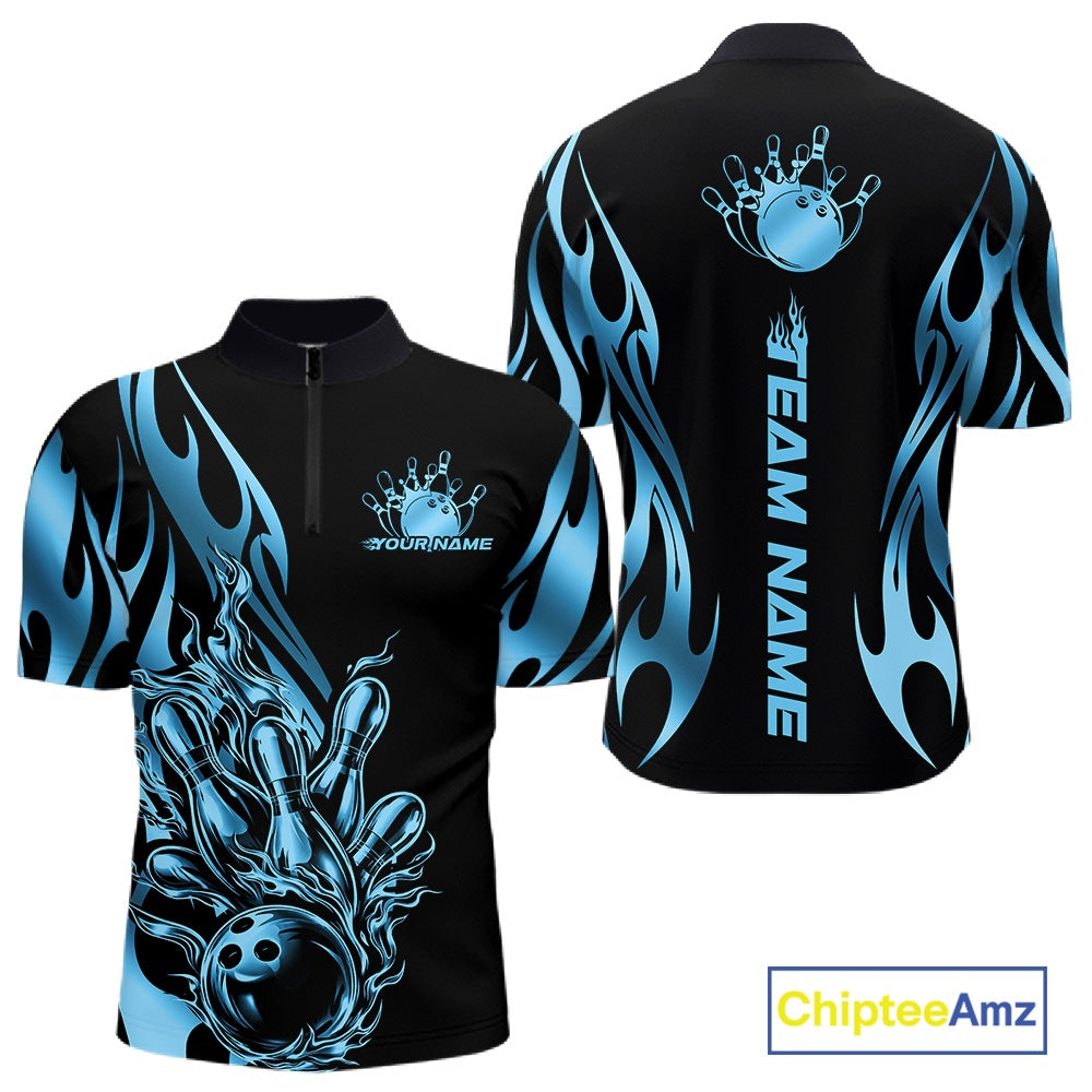 Front and back mockup of men’s black quarter zip shirt with blue gradient tribal flame design and bowling ball striking pins in bold sports-inspired styling.
