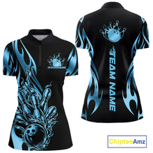 Load image into Gallery viewer, Custom Blue Tribal Flame Women Bowling Quarter-Zip Shirt, Bowling Tournament Shirt IPHW11287