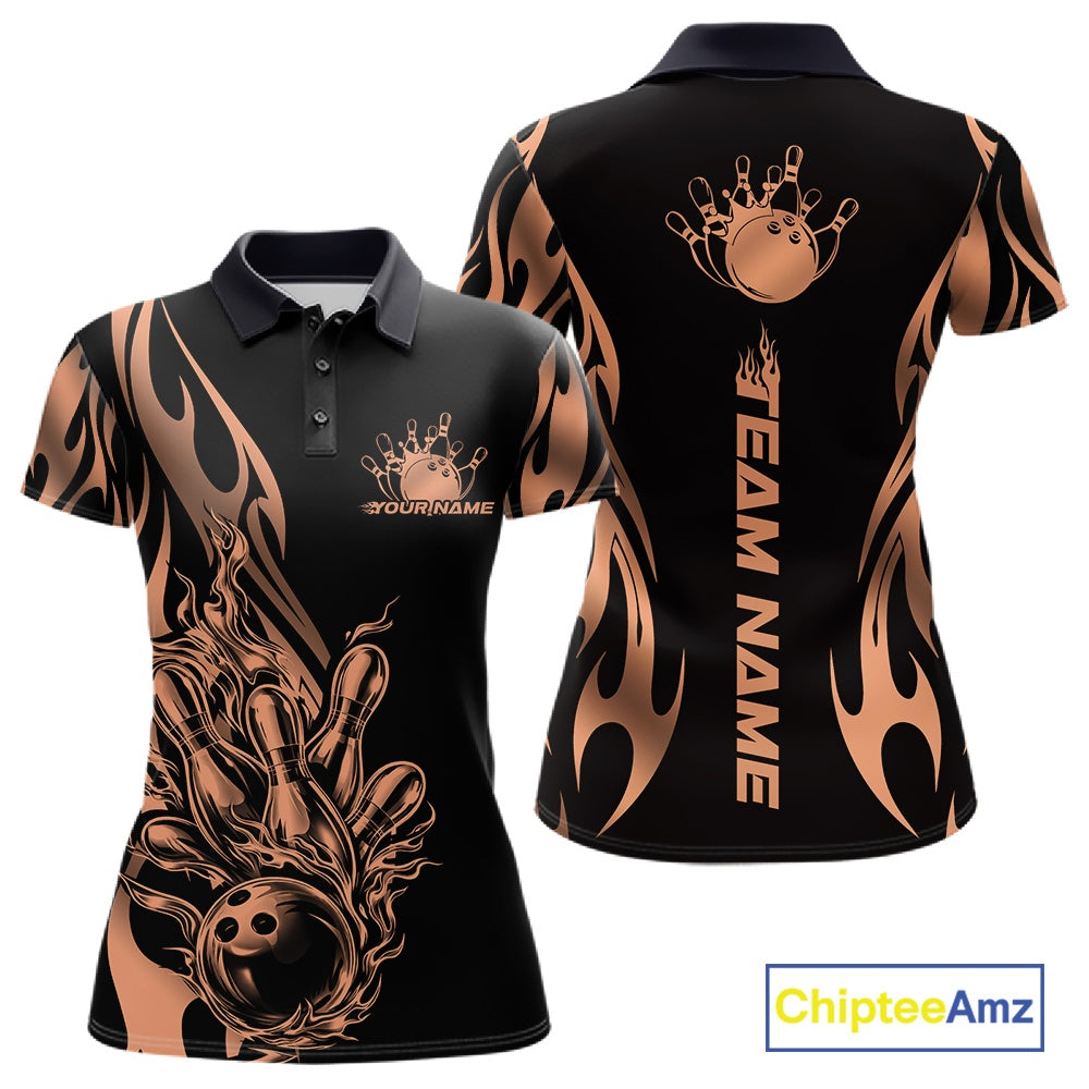 Front and back mockup of women’s black polo shirt featuring rose gold gradient tribal flame bowling ball striking pins in premium athletic style.