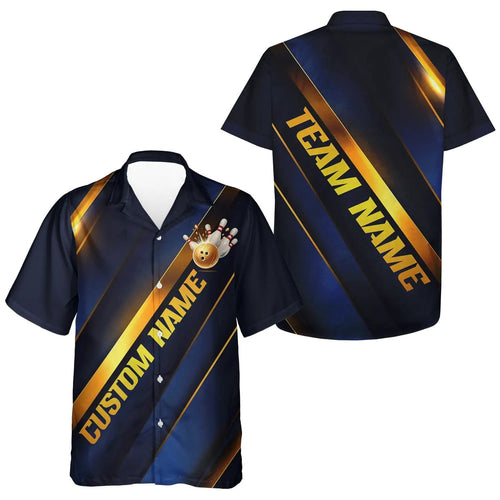 Custom Blue And Gold Bowling Tournament Hawaiian Shirts For Men With Team Name And Bowlers Name IPHW6617