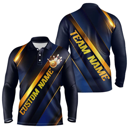 Custom Blue And Gold Bowling Team Tournament Long Sleeve Polo Shirts For Men, Bowlers Outfits IPHW6617