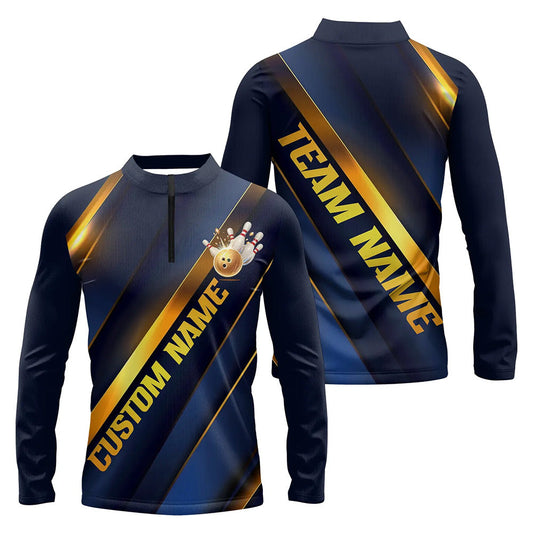 Custom Blue And Gold Bowling Team Tournament Long Sleeve Quarter-Zip Shirts For Men IPHW6617
