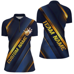 Custom Blue And Gold Bowling Tournament Shirts For Women With Team Name And Bowlers Name IPHW6617