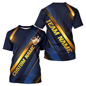 Custom Blue And Gold Bowling Tournament T-Shirts For Men With Team Name And Bowlers Name IPHW6617