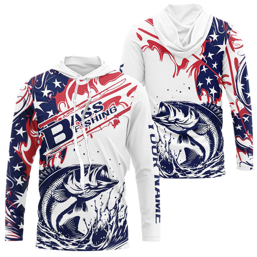 Custom American Flag Largemouth Bass Long Sleeve Hooded Fishing Shirts, Patriotic Bass Fishing Jerseys IPHW9132