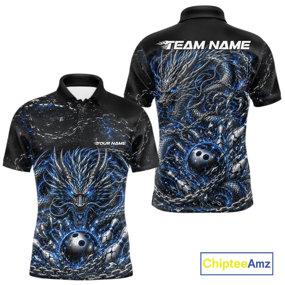 Custom black and blue dragon bowling jersey with metal chain design for team tournament apparel